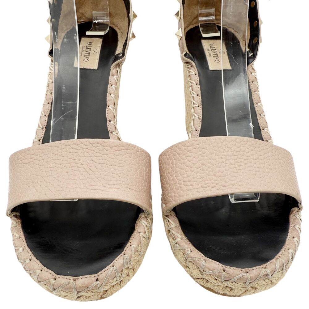 Valentino Rockstud Espadrille Wedge Sandals Nude Poudre Leather Size 40 US 10 - Picture 4 of 16